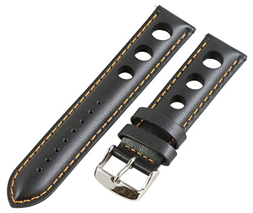 Clockwork Synergy, LLC 22mm Rally 3-hole Smooth Black/Orange Leather Interchangeable Replacement Watch Band Strap
