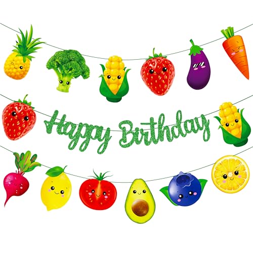 3pcs Vegetable and Fruit Theme Birthday Party Decoration Summer Garden Green Happy Birthday Banners Fruit Vegetable Theme Birthday Party Banners for Farmer Market Party Supplies