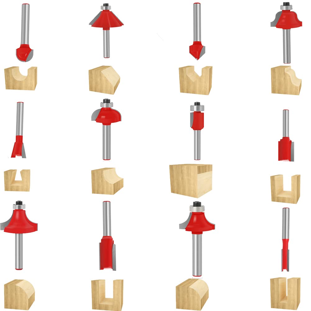 Baorder Lot de 12 forets de fraisage supérieur, tige de 6 mm, forets en carbure pour travail du bois, découpe, rainures (inclut forets droites, cove bit, chamfer bit)