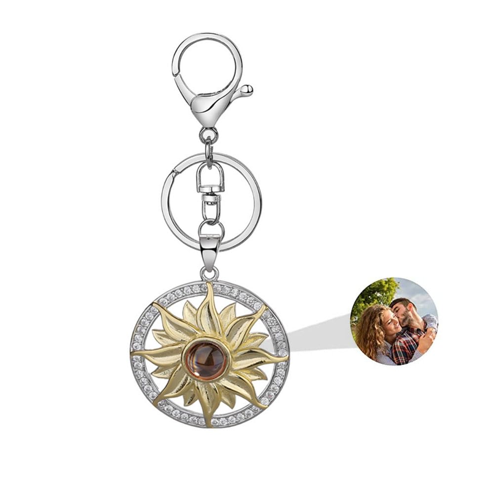 Wexibauyl Personalized Photo Projection Keychain Custom Sunflower Keychains with Picture inside Photo Keyring Pendant