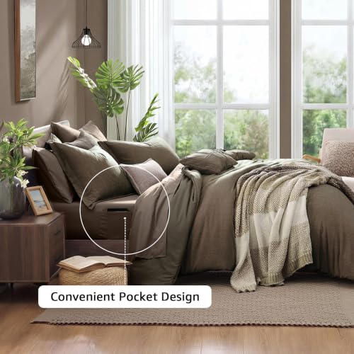Image of Monbix Queen Comforter Set, Taupe Grey Cationic Dyeing Bedding Set Reversible, Bed in a Bag 7 Pieces with Comforter, Sheets, Pillowcases & Shams