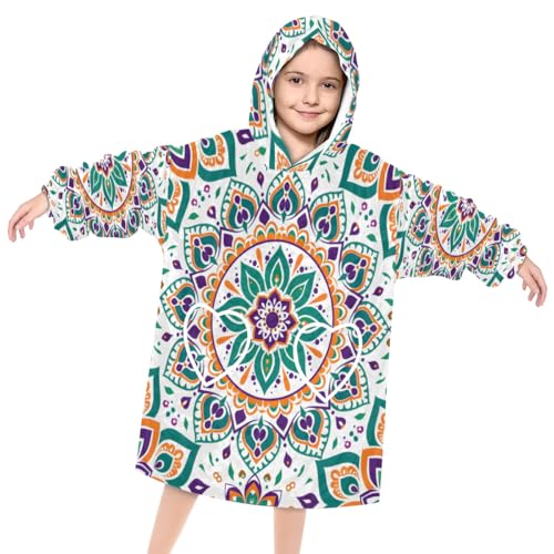 Wearable Blanket Hoodie for Kids, Ethnic Mandala Fleece Sweatshirt Blanket Oversized Blanket Sweatshirt with Pocket Flannel Warm Hooded Blanket 6-10 Year Old Girl Boy Gift, One Size