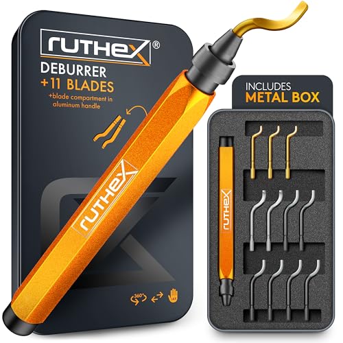 ruthex Deburring Tool (11 Blades) in Metal Box – Manual Debur Tool with Storage in Handle – Ideal Deburring Tool for Metal, Resin, Steel, PVC, 3D Printing – 360° Rotating Blade