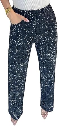 Womens Baggy Sparkle Wide Leg Jeans Trendy Rhinestones Denim Pants