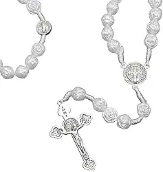 Terço Grande Branco Rosas São Bento Ideal para Casamento, Primeira Comunhão, Batizado, Consagração e Crisma 50cm