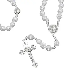 Terço Grande Branco Rosas São Bento Ideal para Casamento, Primeira Comunhão, Batizado, Consagração e Crisma 50cm