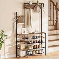 HOOBRO Coat Stand, Coat Rack with Shoe Storage, Hallway Coat and Shoe Rack, Hall Tree with 4 Side Storage Shelves and 9 Coat Hooks, for Entryway, Hallway, Metal Frame, Sturdy, Rustic Brown EBF105MT01
