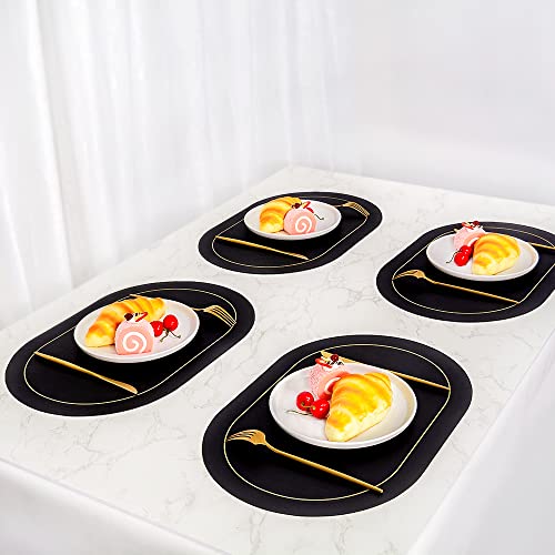 Oval Reversible Faux Leather Placemats - Set Of 6 Black Waterproof & Heat-Resistant Table Mats For Dining, Kitchen, Wedding & Party #TOP1