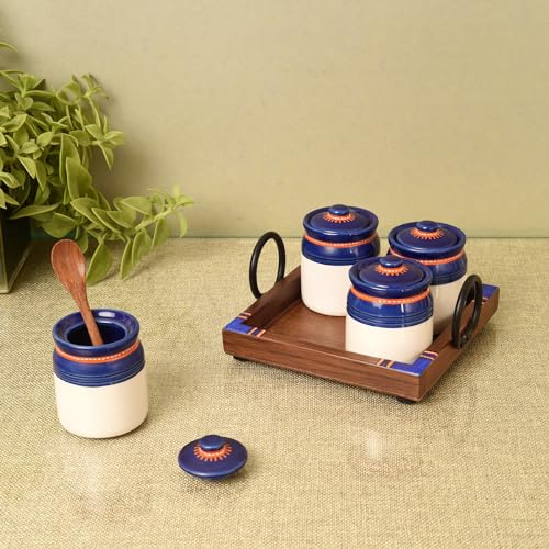 Image of AAKRITI ART CREATIONS Terra Wood Pickle Jar S04 W /Tray | Handcrafted Dhokra Brass Storage Jars| Kitchen Decoration Items Stylish Tray & Jars| Airtight Kitchen Jars with Teak Wooden