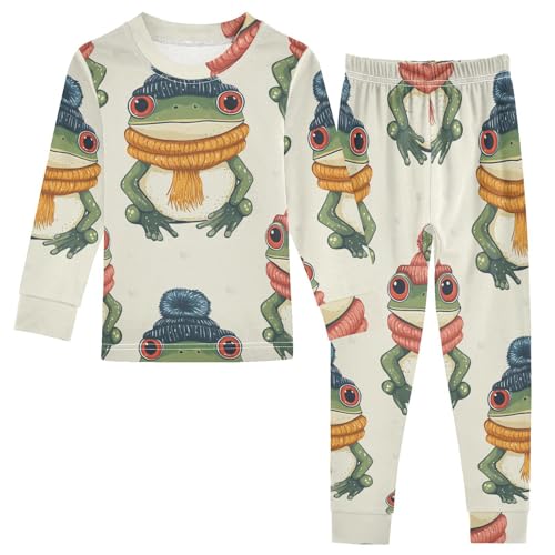 Pajama Sets Long Sleeve Frog Wearing Winter Hat Soft Comfy Sleepwear 2 Piece PJS 3-8T