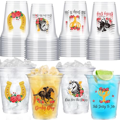 Lxdmnj 50 Pack Derby Plastic Cups 12 oz Kentucky Horse Racing Clear Bulk Disposable Cups for Derby Party Supplies Decorations