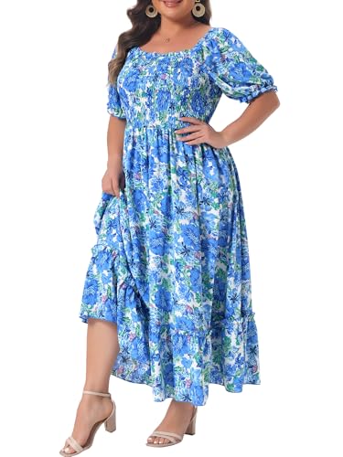 Image of Agnes Orinda Plus Size Dress for Women Short Sleeve Shirred Square Neck Floral Maxi Long Dresses