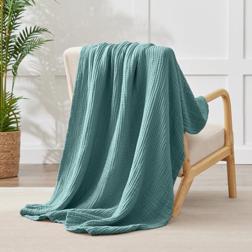 Image of 100% Cotton Muslin Blanket Twin XL 66 inch x 90 inch, 6 Layers Breathable and Lightweight Throw Blanket for Bed, Soft Quilt Bedspread, Gauze Blanket for Adults All Season, Teal