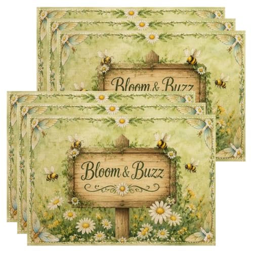 Lot de 6 sets de table Florering & Buzz - Motif floral - Art de jardin - Pour table à manger - Printemps été nature - Antidérapants - Lavables - Pour...