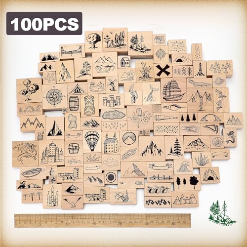 ReliThick 100 Pcs Map Stamps Combo Map Making Stamps Kit Compass Mountains Building Vintage Wooden Rubber Stamp for RPG Adventures Storytelling Creative Projects DIY Crafts Scrapbooking Supplies - Thumbnail 2