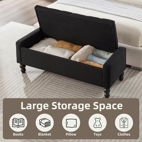 Image of 50 inch W Storage Ottoman Bench with Safety Hinge, Load up to 660 lb Ottoman with Storage, Upholstered Tufted Entryway Bench with Seating for Living Room, Bedroom, Entryway, Black