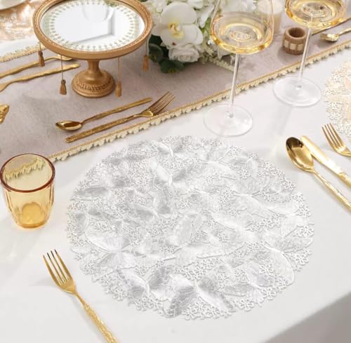Image of HomeCloud PVC Material Round Shape Table Mat, Dining Table Mat,Table Placemats, Round Mats,Best for Bed-Side Table /Center Table, Dining Table /Shelves (Butterfly Silver, Set of 2)