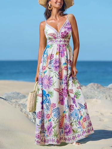 Image of CUPSHE Women's Summer Dresses Casual Spring V Neck Sleeveless Floral Beach Vacation Long Spaghetti Strap Flowy Maxi Dress