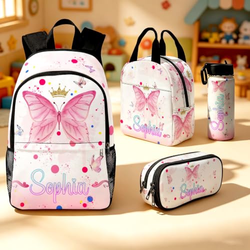 Image of Custom Backpack for Girls Kids Personalized Backpacks Back to School Set | Kid Customized Toddler Girl Backpack with Lunch Bag Book Bag Kindergarten Prek Preschool Gifts White Butterfly