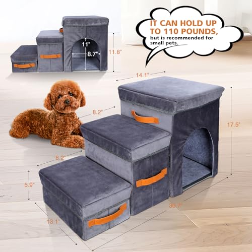 Topmart Foldable Dog Stairs for Bed, 3-Step Pet Stairs with 2 Storage Boxes & Condo for Small, Short-Legged Dogs - Image 3