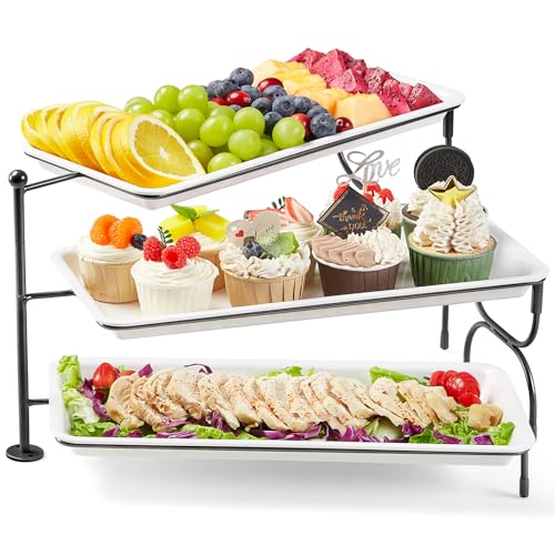 Lifewit 3-stufiges Serviertablett für Partyzubehör, 36x17cm Servierplatte zum Anrichten von Speisen, weiße wiederverwendbare, Tabletts Obstschale für Gemüse, Obst, Kekse, Desserts, Schwarz