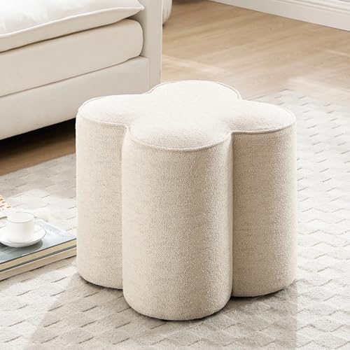 Image of Zesthouse Flower Pouf Ottoman Foot Rest, Linen Fabric Poofy Ottoman Footstool for Couch, Modern Living Room Stool Seat, Cute Square Vanity Stool for Bedroom Dorm, Beige