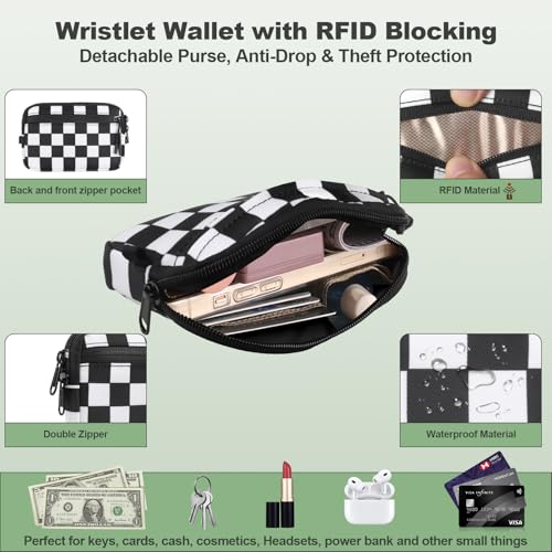 Image of YFWE Clip and Go Strap for Phone with Wallet Crossbody, Adjustable Phone Lanyard with Detachable RFID Wristlet Wallet, Phone Strap with Phone Tabs for All Phones, Black Checkered (M)