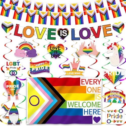 iZoeL Pride Decorations Large Pride Flag Rainbow Bunting Love Is Love Banner LGBTQ Accessories for Indoor Outdoor LGBT Party Decor Gay Parade Month Office Bar Home