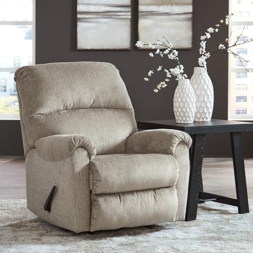 Image of Signature Design by Ashley Stonemeade Rocker Recliner Chair, Manual Reclining Motion, Comfortable Cushions, Soft Taupe Chenille Fabric, Compact Design for Living Room, Nursery, and Office