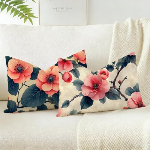 Funda Cojin 25x45 Juego 2, Rosa Cojines Exterior Jardin Impermeable Terciopelo Fundas de Almohada, Flor Cojines Cama Decorativos, para Primavera Decorativos Salón Dormitorio, Regalos Mujeres D-227