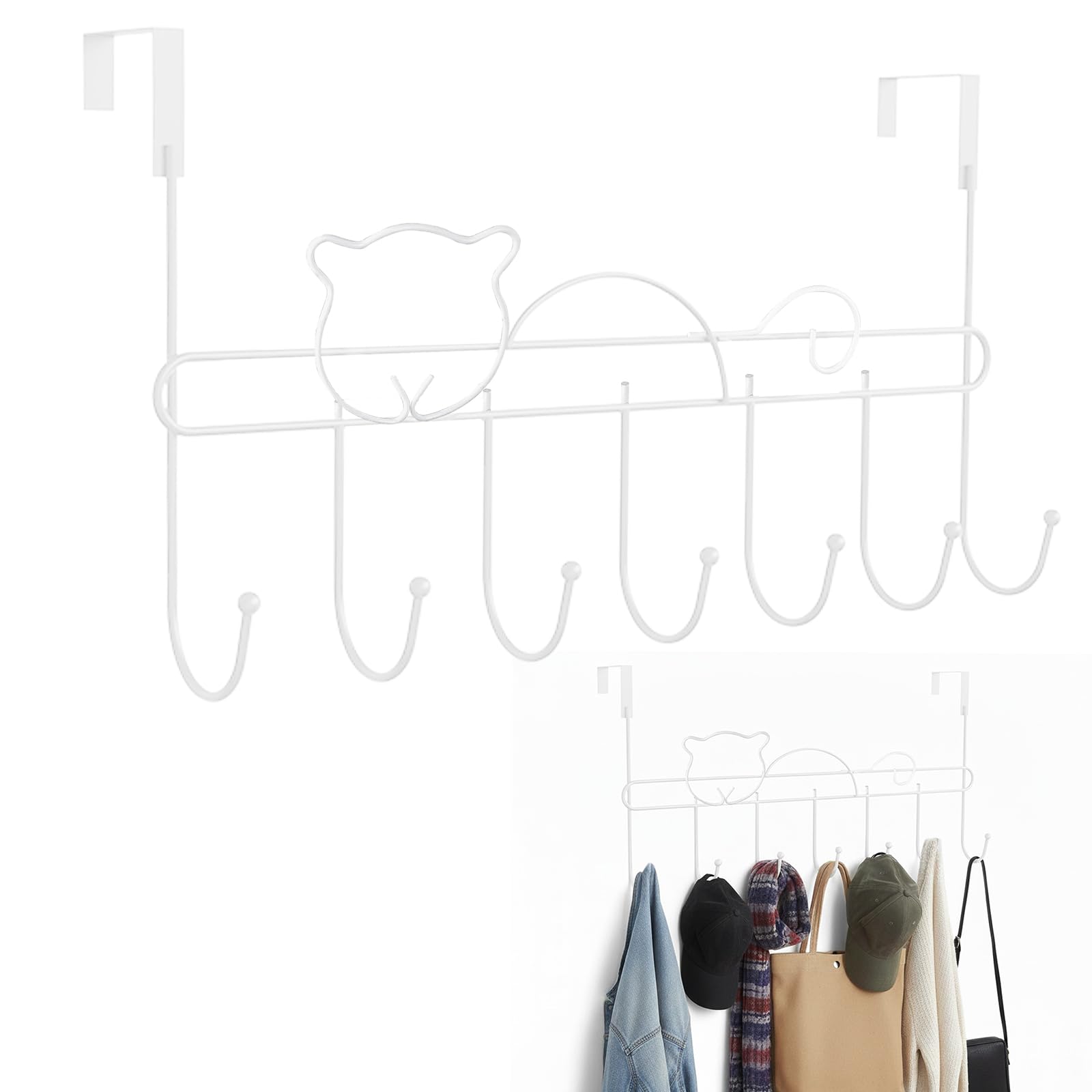 2 Piezas Ganchos para Colgar, Ganchos para Colgar con Motivos de Gatos, Colgador Puerta de 41,7 cm, Percha Puerta sin Necesidad de Taladrar, Siete Ganchos en el Gancho Puerta - Blanco