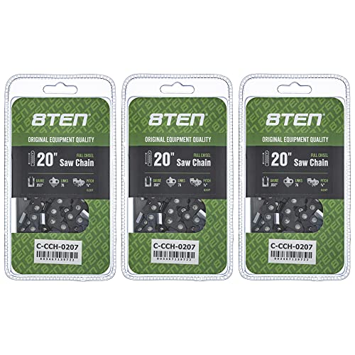 8TEN Full Chisel Chainsaw Chain 20 Inch .050 3/8 76DL for Blue Max 52209 20LPX076G (3 Pack)