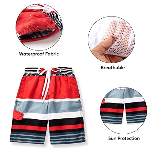 Sloosh Boys Swim Trunks, Quick Dry Drawstring Upf 50+ Kids Swim Shorts, Toddler Beach Shorts, Boardshort, Boy Swimwear (Red & Grey Stripe, 1416) #TOP2
