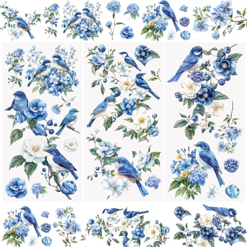WANDIC 3 hojas de calcomanías de transferencia de pájaros, flores, impermeables, vintage, azul, floral, calcomanías de transferencia de plantas de camelia para manualidades, muebles, manualidades