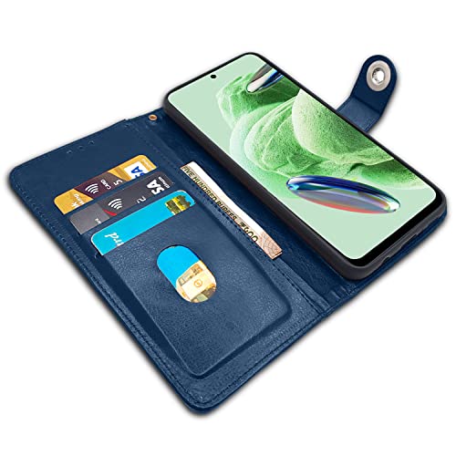 Image of Pikkme Poco X5 5G / Redmi Note 12 5G Flip Cover Leather Finish | Inside TPU with Card Pockets | Wallet Stand and Shock Proof | Complete Protection Button Flip Case (Blue)