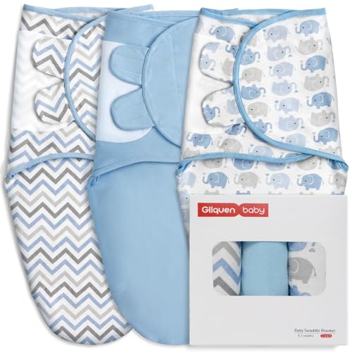 Image of GLLQUEN BABY Swaddle Sleep Sack - 3 Pack Infant Swaddles for Newborn, Baby Swaddling Sack 0-3 Months, Ergonomic Newborn Swaddle Blanket for Baby Boy and Girl, Blue & Elephants