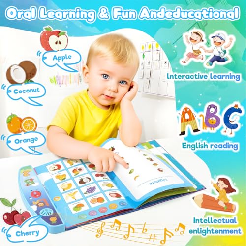 Image of PATPAT 8 Themes Intelligent Book for Kids, 20 Pages Musical Book for Kids Cartoon Illustration Learning Book with Numbers, Letters, Words & More, Educational Toys for 3 Year Old(Battery Not Included)