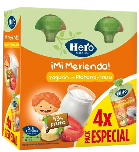 Hero Baby Mi Merienda Bolsitas de Yogurín con Plátano y Fresa - Para Bebés a Partir de los 12 Meses -Pack 4 x 100 g