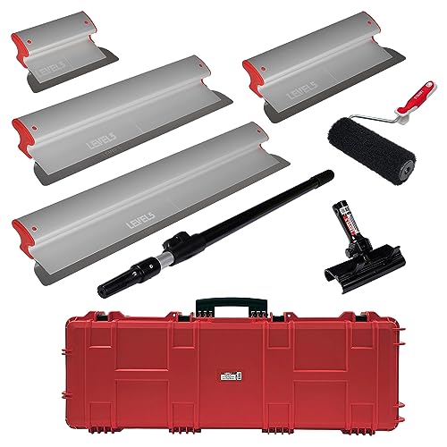 LEVEL5 Skimming Blade Set with Case | 10, 16, 24, 32 Inch Skimming Blades, 37-63 Inch Extendable Handle, Compound Roller & Transport Case | for Smoothing Walls and Ceilings | 5-550