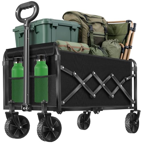 Image of Collapsible Wagons Carts Foldable Wagon, Foldable Wagon Cart with Wheels, Folding Wagons for Beach Camp Sports Garden, 2 Cup Holders /Lightweight Portable /Black /280 LBS