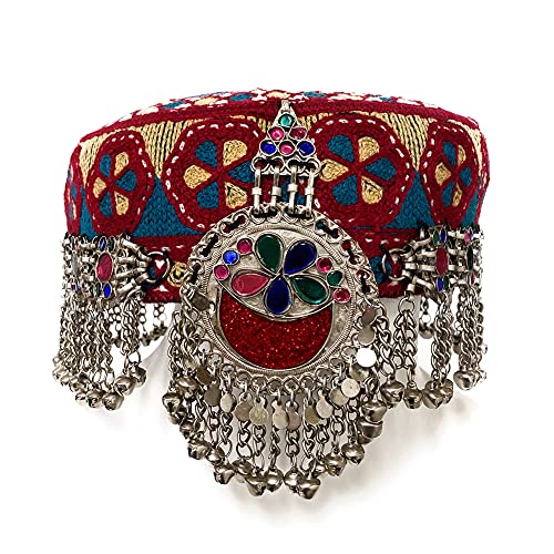 Turkman Tribal Afghan Fabric Head Cap with Hanging Ornaments and Bells Halime Valide