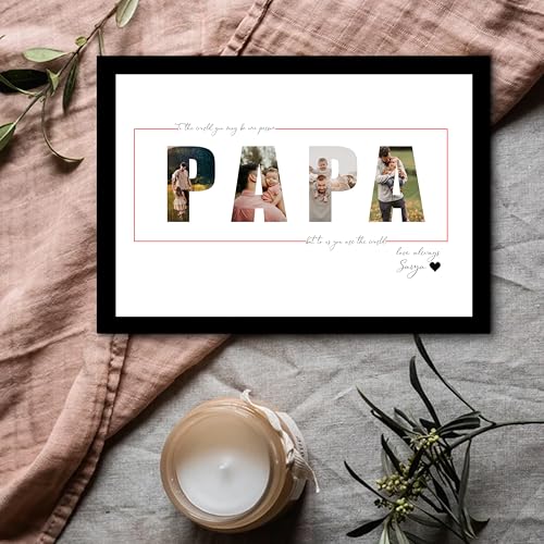 Image of Customized Fathers Day Gift for Dad 4 Photo Collage Frame with PAPA Text, Personalized Picture Gift for Father, Birthday Present, Wall Decoration for Parents (8.9x12.8 Inch)