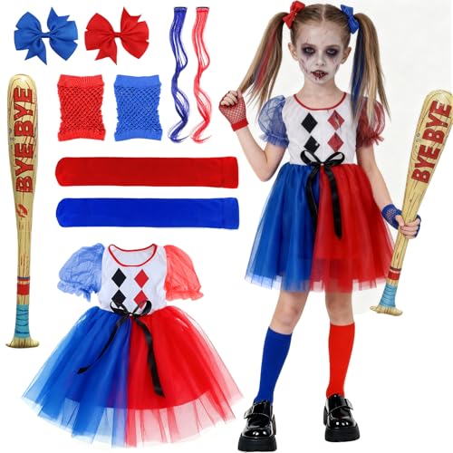Quinn Disfraz para Niñas, Chicas Villano Suicide Traje, Quinn Cosplay de Halloween Disfraz, con falda de tul lazo el pelo Pelucas Béisbol Hinchable para Carnaval Fiesta de Cosplay (Rojo y azul, S)
