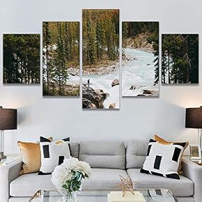 SIGNWIN 5 Panel Canvas Wall Art Forest Waterfalls...