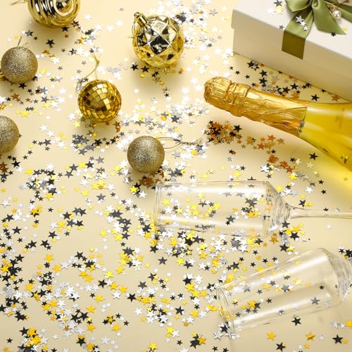 Image of HESTYA 60g star Confetti Glitter Star Table Confetti Metallic Foil Stars for Party Wedding Festival Decorations(Silver Gold Black,10mm and 6mm)