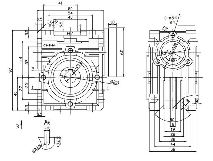 Riduttore a vite senza fine da 5:1 a 80:1, riduttore di velocità a vite senza fine RV030, con adattatore for manicotto dell'albero, for albero di ingresso da 8 mm del motore Nema 23(Ratio 10 to 1)