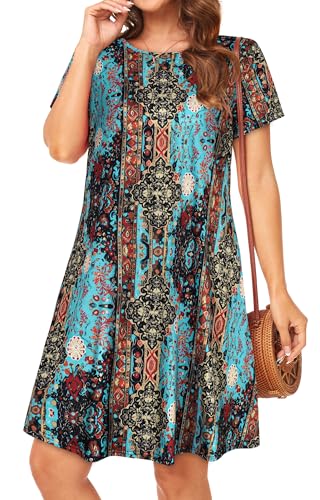 Image of Womens Summer Dresses Beach Casual Loose Tshirt Floral Short Sleeve Flowy Pockets Sundresses 2026