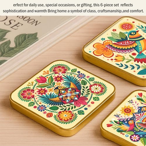 Image of Rousrie Stylist Modern Wooden Coasters with Golden Border | Set of 6 | Stand Included Premium Handmade Coaster for Tea Cups, Coffee Mugs, Beer Mugs, 10 by 10 cm (Bohemian Pattern)