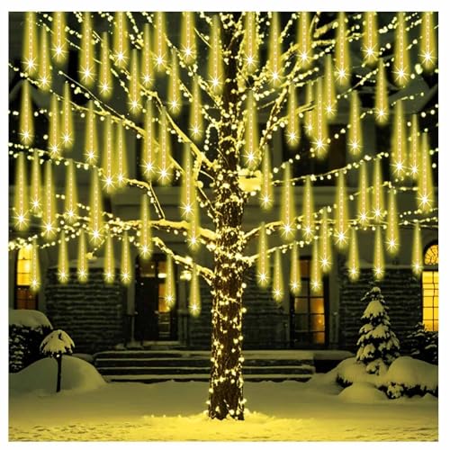 Luces Solares para Lluvia De Meteoritos para Exteriores Luces LED De Lluvia De Meteoritos con 10 Tubos Luces De Lluvia En Cascada para Decorar Árboles Y Jardines(Yellow,Solar 30cm)