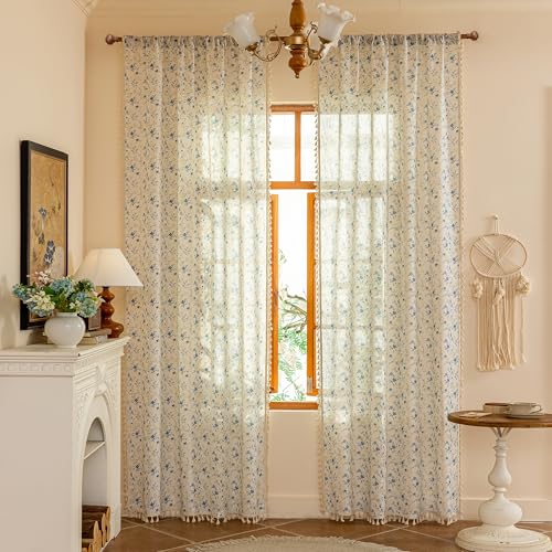 Image of MYSKY HOME Blue Floral Farmhouse Semi Sheer Curtains 84 Inches Long Linen Blend Boho Vintage Light Filtering Privacy Rustic Country Drapes with Tassel Back Tab for Living /Dining Room, 50 inch Wide, 2 Pcs